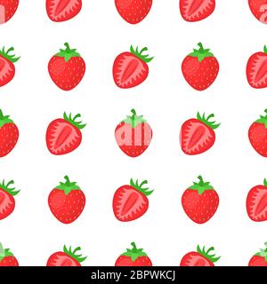 Seamless pattern with fresh bright exotic whole and half strawberries on white background. Summer fruits for healthy lifestyle. Organic fruit. Cartoon Stock Vector