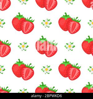 Seamless pattern with fresh bright exotic whole and half strawberries with flowers on white background. Summer fruits for healthy lifestyle. Organic f Stock Vector