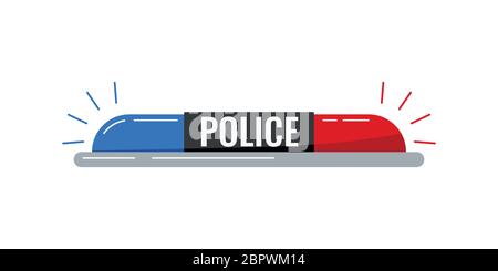 Police flasher siren vector icon isolated on white background. Red and blue color alert flashing light in flat cartoon style. Siren with police text l Stock Vector