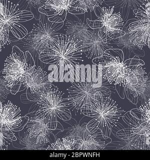 WHITE DRAWED FLOWERS ON A DARK BACKGROUND. SEAMLESS PATTERN LACE. LINEAR GRAPHICS Stock Vector