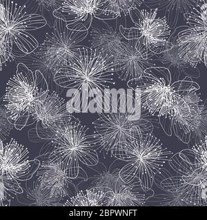 WHITE DRAWED FLOWERS ON A DARK BACKGROUND. SEAMLESS PATTERN LACE. LINEAR GRAPHICS Stock Vector