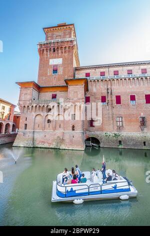 Ferrara, Italy. April 21, 2018: The Castello Estense in Ferrara in Italy. Moated medieval castle in the center of Ferrara, northern Italy. It consists Stock Photo