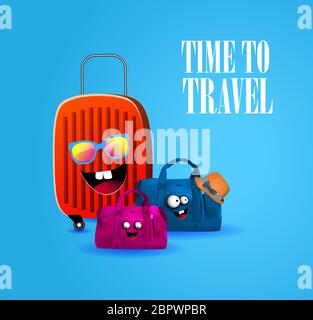Time to travel. Advertising for a travel agency. Funny postcard for tourists. Suitcase character Stock Vector