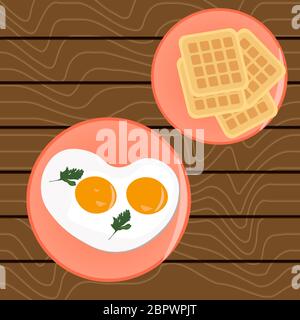 Scrambled eggs for breakfast and Belgian waffles On a wooden table Stock Vector
