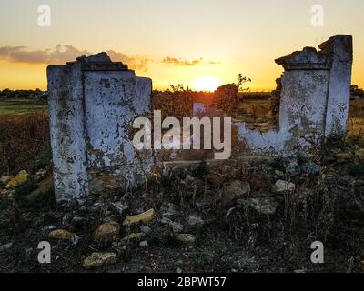Ruined old rural house on a sunset background. The rays of the setting sun shine through the ruins of an old farmhouse in the thistle thickets in Stock Photo