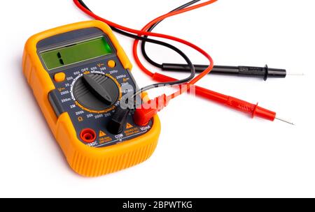 Yellow digital multimeter isolated Stock Photo