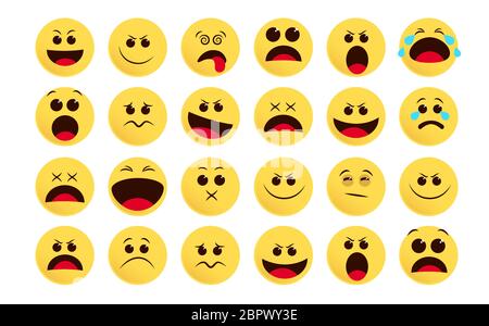 Emoticon icon vector set. Emoji and flat emoticon in different facial expression like sad, surprise, sleepy and crying isolated in white background. Stock Vector