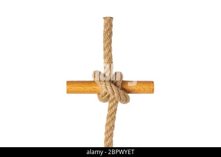 Rope isolated. Closeup of figure clove hitch node or knot from a brown rope isolated on a white background. Navy and angler knot or sailors knot. Macr Stock Photo
