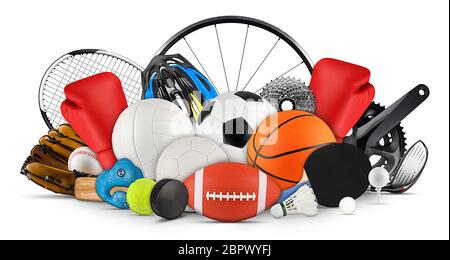 huge collection stack of sport balls gear equipment from various sports concept isolated on white background Stock Photo