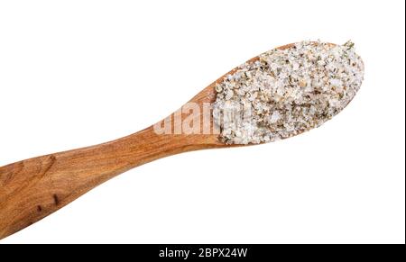 top view of wooden salt spoon with seasoned salt with spices and dried herbs close up isolated on white background Stock Photo