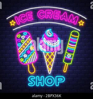 Ice cream Shop - Neon Sign Vector. Ice cream Shop - neon sign on brick wall background, design element, light banner, announcement neon signboard, nig Stock Vector
