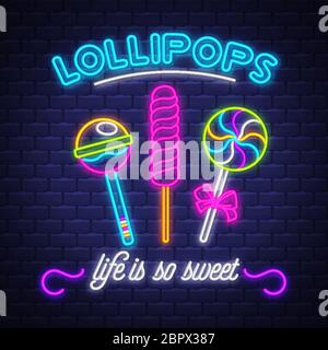 Lollipops Shop- Neon Sign Vector. Lollipops Shop - neon sign on brick wall background, design element, light banner, announcement neon signboard, nigh Stock Vector