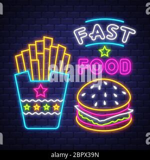 Fast Food - Neon Sign Vector. Fast Food - neon sign on brick wall background, design element, light banner, announcement neon signboard, night advensi Stock Vector