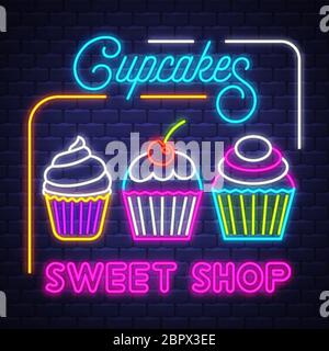 Cupcakes Shop- Neon Sign Vector. Cupcakes Shop - neon sign on brick wall background, design element, light banner, announcement neon signboard, night Stock Vector