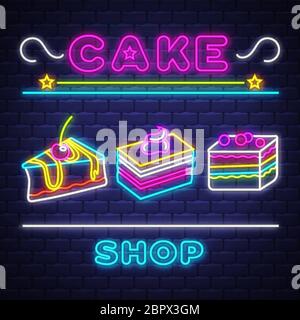 Cake Shop - Neon Sign Vector. Cake Shop - neon sign on brick wall background, design element, light banner, announcement neon signboard Stock Vector