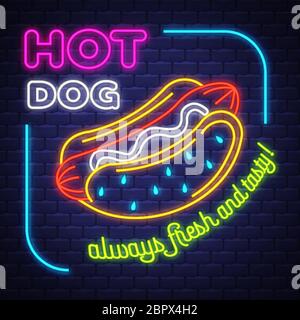 Hot Dog - Neon Sign Vector. Hot Dog - neon sign on brick wall background, design element, light banner, announcement neon signboard Stock Vector