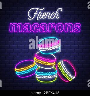 French macarons - Neon Sign Vector. French macarons - neon sign on brick wall background, design element, light banner, announcement neon signboard, n Stock Vector