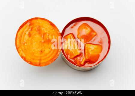 open can of ravioli on white background Stock Photo