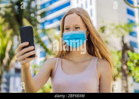 Facial recognition grid overlay. Face Recognition In Medical Mask Using Artificial Intelligence And Neural Networks. Biometric scanning Face ID Stock Photo