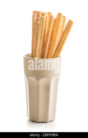 Italian grissini breadsticks. Tasty grissini snack isolated on white background. Stock Photo