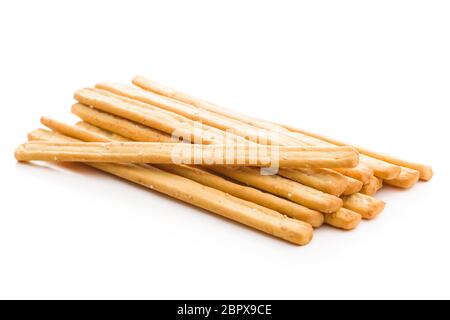 Italian grissini breadsticks. Tasty grissini snack isolated on white background. Stock Photo