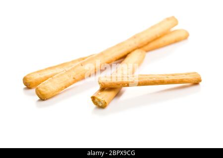 Italian grissini breadsticks. Tasty grissini snack isolated on white background. Stock Photo
