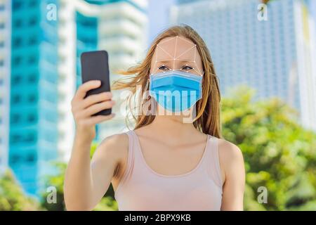 Facial recognition grid overlay. Face Recognition In Medical Mask Using Artificial Intelligence And Neural Networks. Biometric scanning Face ID Stock Photo