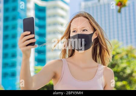 Facial recognition grid overlay. Face Recognition In Medical Mask Using Artificial Intelligence And Neural Networks. Biometric scanning Face ID Stock Photo