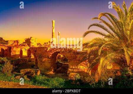 Colorful sunset in Carthage. Baths of Antonius in Carthage, near Tunis, Tunisia Stock Photo