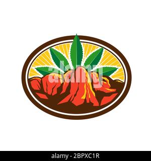 Retro style illustration of a red canyon and steep cliff with hemp leaf in background set inside oval shape on isolated background. Stock Photo