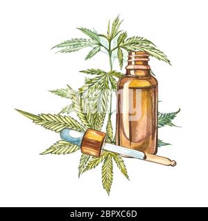 CBD oil hemp products. Watercolor illustration on white background ...