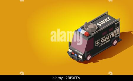 Isometric Black SWAT or Police Force Car. High Quality Element on Yellow Background. EPS 10 Vector. Flat Style Illustration. Stock Photo