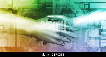 Human and Robot Hand System Integration Concept Art Stock Photo