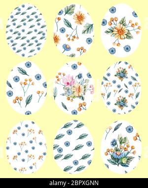 Set of 9 white Easter eggs on a yellow background with a pattern of flowers. Decorative Easter eggs with wildflowers. Yellow daisies, blue carnations, Stock Photo