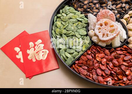 Traditional chinese snack box in Lunar new year, red packet word mean of luck Stock Photo