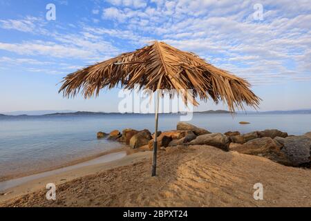 sunrise on the beach near Ouranoupolis city. Halkidiki, Greece Stock Photo