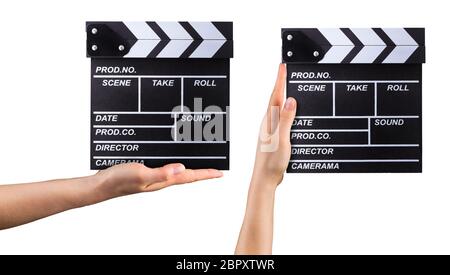 Set of film clapper boards and human hands isolated on white background Stock Photo