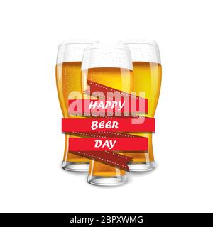 Beer glasses -vector illustration of three full glasses of beer with foam, happy beer day Stock Vector