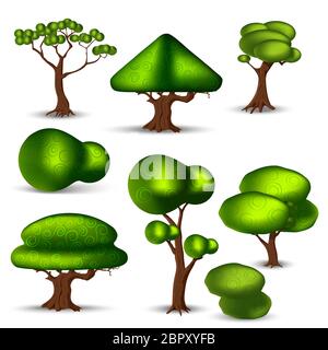 Cartoon Trees, Hedges And Grass Leaves Set Illustration of a set of cartoon spring or summer little trees and green icons, with bush, hedges and blade Stock Vector