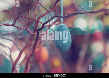 Hanging Easter eggs on tree with soft focus bokeh and color toned. Spring easter concept background. Stock Photo