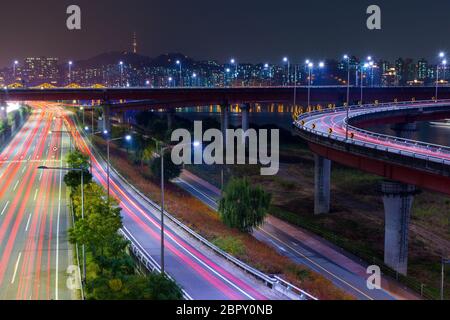 Seoul, South Korea, 05 November 2013:- Seoul city traffic at night Stock Photo