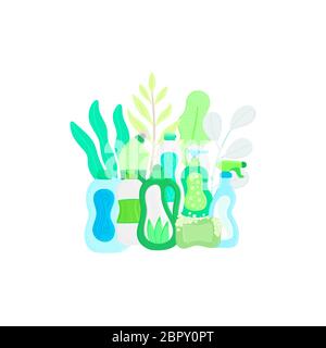 Eco friendly household cleaning supplies in leaves. Natural detergents. Products for house washing. Non chemical cleaners. Green home. Flat design. Ba Stock Photo
