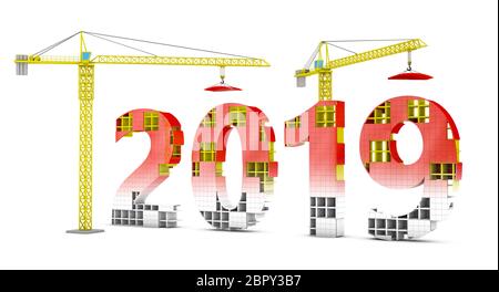 Two tower cranes building a volumetric figure of 2019. 3d render. Stock Photo