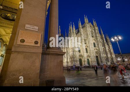 View of Duomo di Milano illuminated at dusk from Galleria Vittorio Emanuele II in Piazza Del Duomo at dusk, Milan, Lombardy, Italy, Europe Stock Photo