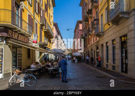 View of bar and colourful architecture in Brera District, Milan, Lombardy, Italy, Europe Stock Photo