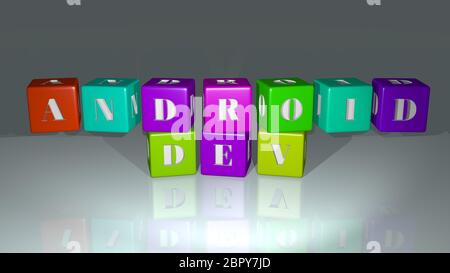 combination of Android Dev built by cubic letters from the top perspective, excellent for the concept presentation. 3D illustration Stock Photo