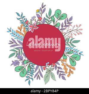 Flower wreath, cartoon flowers crown and red round label for text, plant frame, vintage template. Multicolored flower bud, stems, branches and leaves, Stock Vector