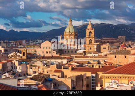 Beautiful aerial view of Palermo with Church of the Gesu at sunrise, Sicily, Italy Stock Photo