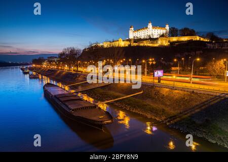 Bratislava Castle at night in Slovakia Stock Photo