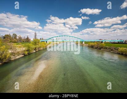 Railway bridge over Sava river in Zagreb city Stock Photo